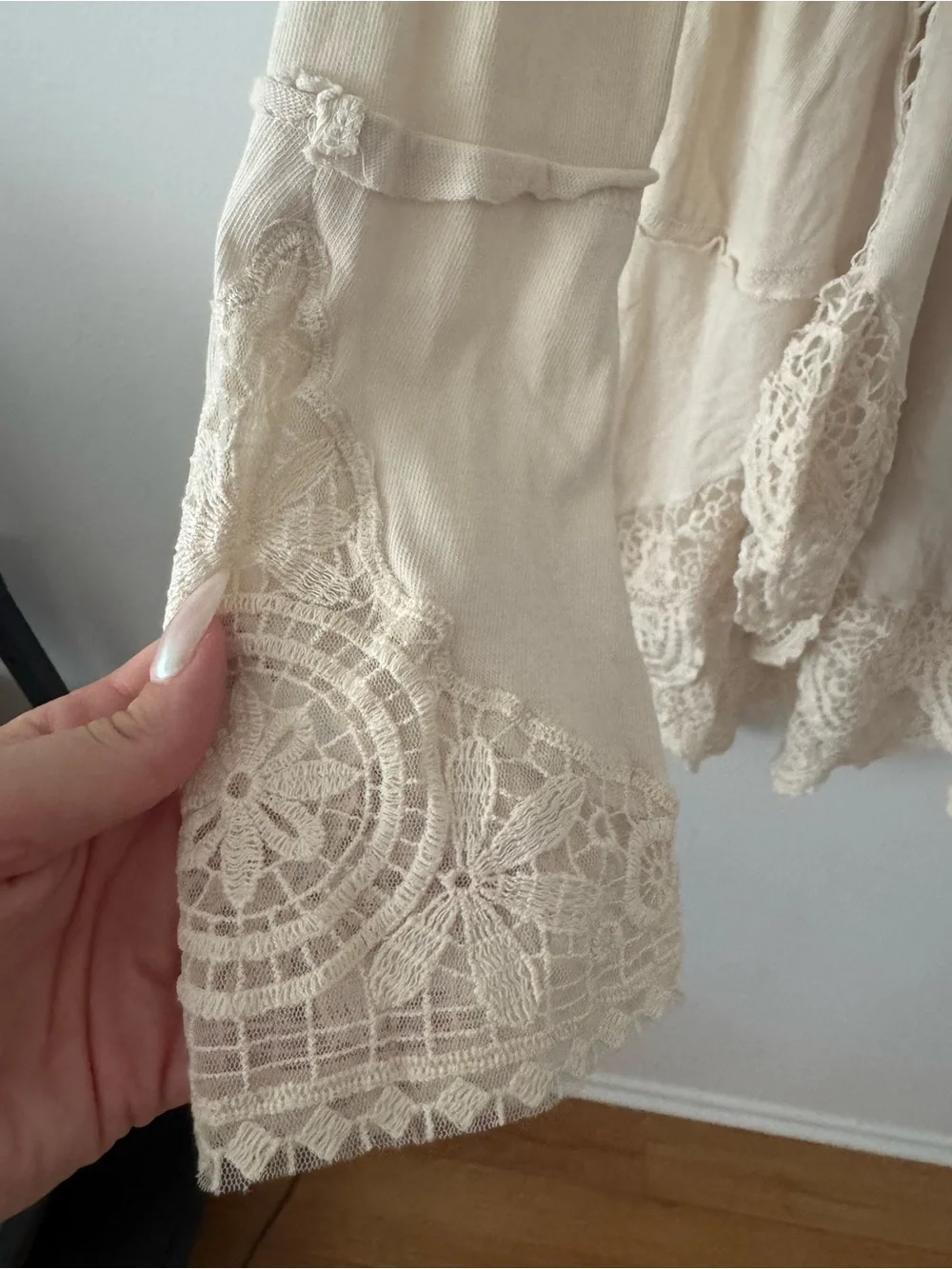 Free People Cream Lace-Trim Long Sleeve Tee